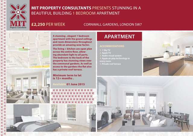  Image of 1 bedroom Apartment to rent in Cornwall Gardens London SW7 at Cornwall Gardens South Kensington London, SW7 4AL